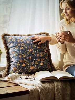 Blue Floral Fringe Decorative Throw Pillow -  Insert Included